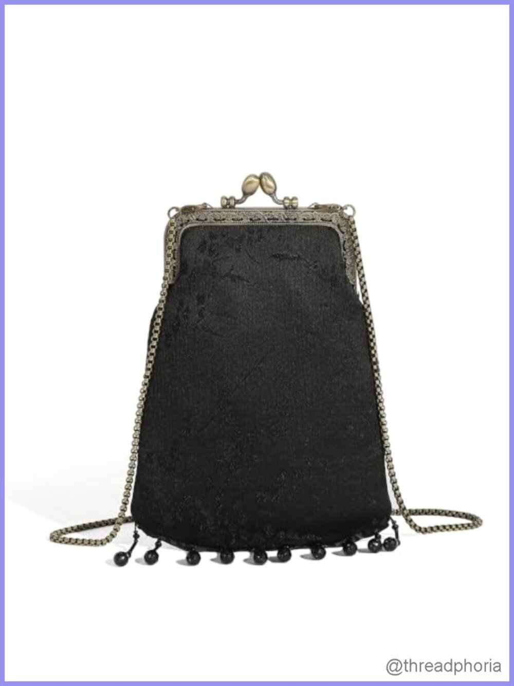 Vintage Jacquard Kiss Lock Crossbody Bag with Beaded Tassel, Detachable Chain